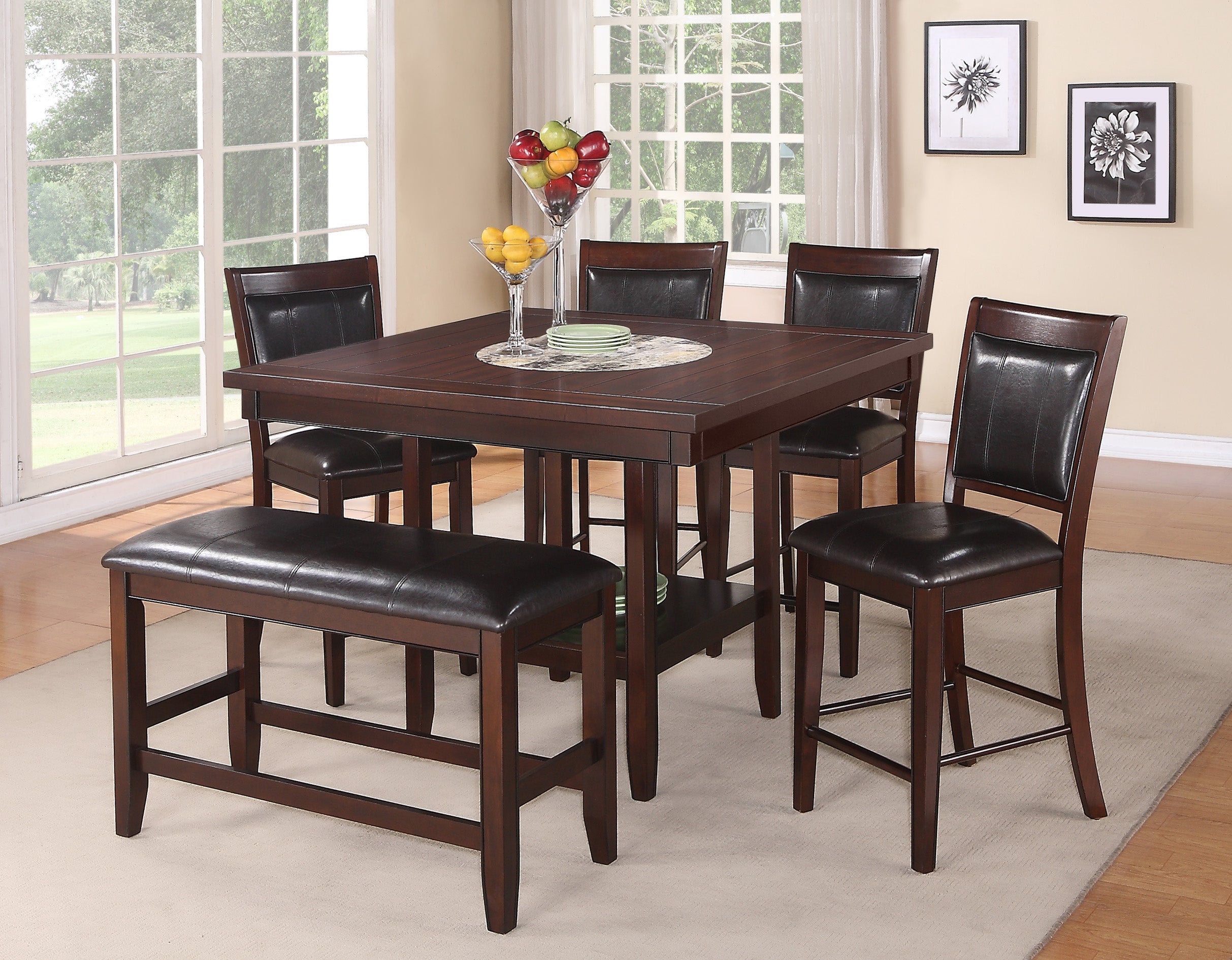 2727T-4848-V 6 pc Fulton brown wood finish counter height dining table set with lazy susan
