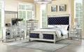 Acme 27350Q-4PC 4 pc Varian mirrored silver finish wood tufted dakr navy blue velvet fabric queen bedroom set
