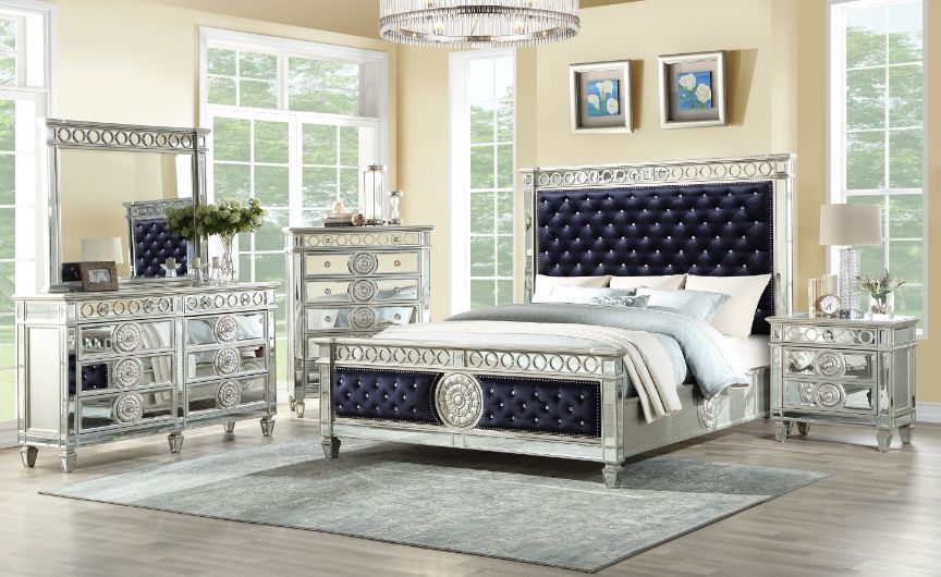 Acme 27350Q-4PC 4 pc Varian mirrored silver finish wood tufted dakr navy blue velvet fabric queen bedroom set