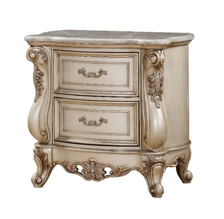 Acme 27443 Gorsedd antique white finish wood marble top 2 drawer bed side nightstand