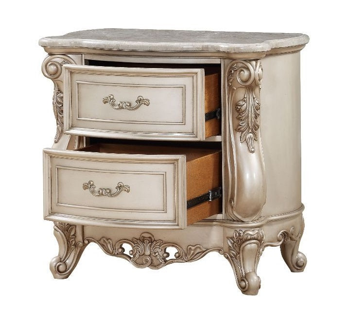 Acme 27443 Gorsedd antique white finish wood marble top 2 drawer bed side nightstand