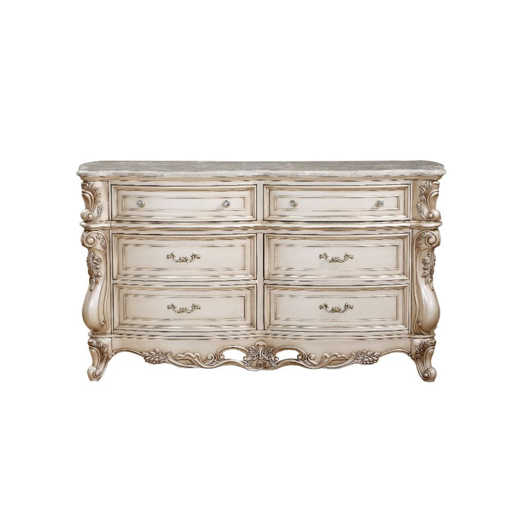 Acme 27445 Gorsedd antique white finish wood 6 drawer 72" wide dresser marble top