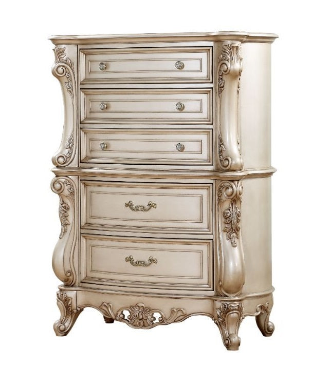 Acme 27446 Gorsedd antique white finish wood 5 drawer 42" wide 56" tall chest