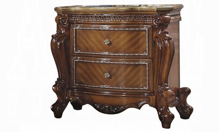 Acme 28240Q 4 pc Picardy honey oak finish wood queen bedroom set decorative carvings faux leather tufted accents