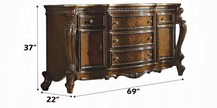 Acme 28240Q 4 pc Picardy honey oak finish wood queen bedroom set decorative carvings faux leather tufted accents