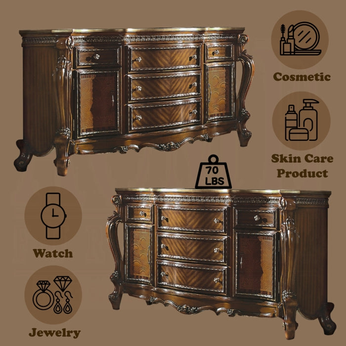 Acme 28240Q 4 pc Picardy honey oak finish wood queen bedroom set decorative carvings faux leather tufted accents