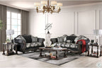 SM6432 2 pc Ronja dark black damask print fabric carved wood trim traditional sofa and love seat set