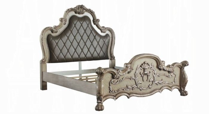 Acme 28170Q-4PC 4 pc dresden vintage bone finish wood faux leather tufted queen bedroom set decorative carvings