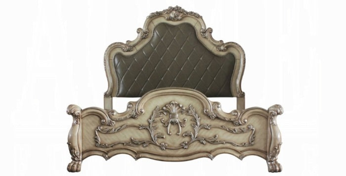 Acme 28170Q-4PC 4 pc dresden vintage bone finish wood faux leather tufted queen bedroom set decorative carvings