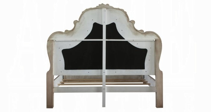 Acme 28170Q-4PC 4 pc dresden vintage bone finish wood faux leather tufted queen bedroom set decorative carvings