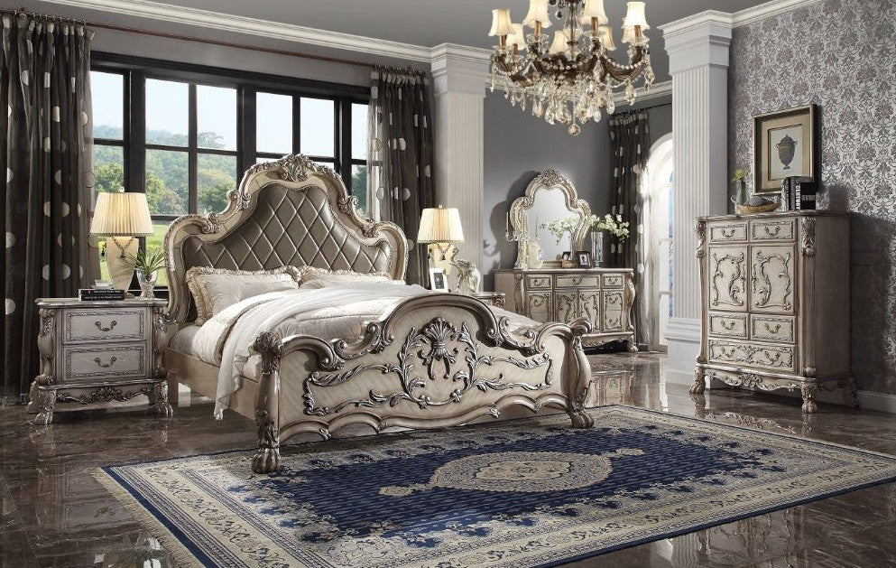 Acme 28170Q-4PC 4 pc dresden vintage bone finish wood faux leather tufted queen bedroom set decorative carvings