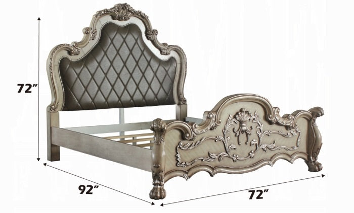 Acme 28170Q-4PC 4 pc dresden vintage bone finish wood faux leather tufted queen bedroom set decorative carvings