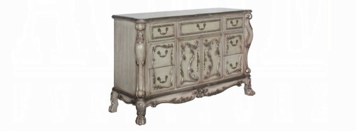 Acme 28170Q-4PC 4 pc dresden vintage bone finish wood faux leather tufted queen bedroom set decorative carvings