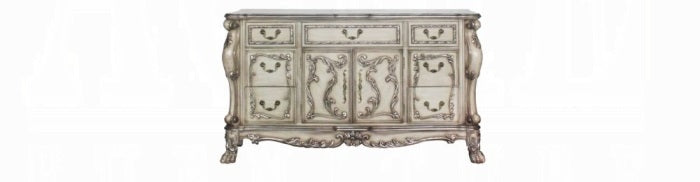 Acme 28170Q-4PC 4 pc dresden vintage bone finish wood faux leather tufted queen bedroom set decorative carvings