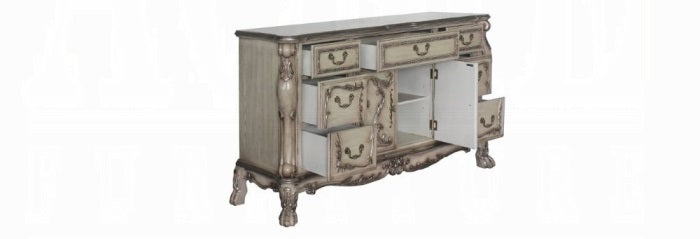 Acme 28170Q-4PC 4 pc dresden vintage bone finish wood faux leather tufted queen bedroom set decorative carvings