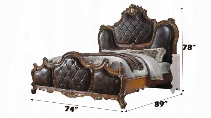 Acme 28240Q 4 pc Picardy honey oak finish wood queen bedroom set decorative carvings faux leather tufted accents