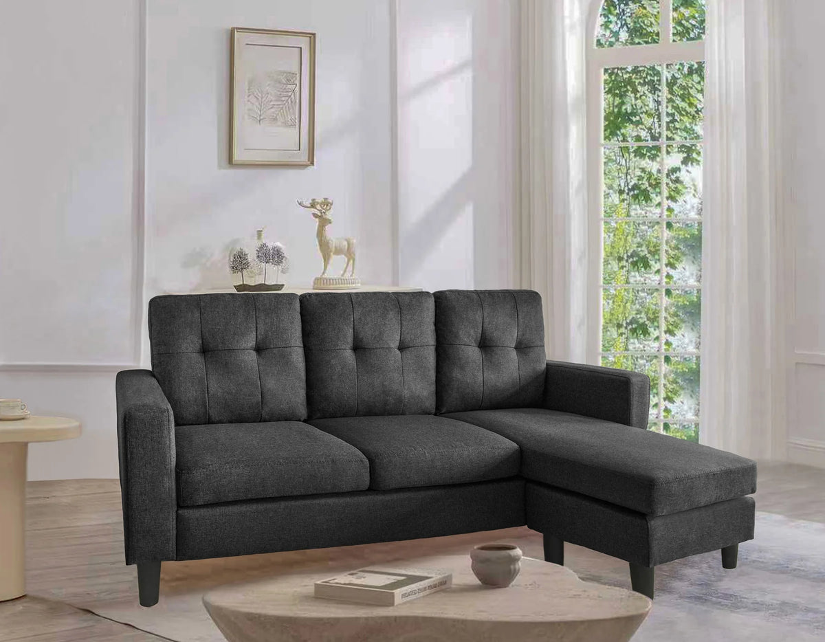 Elaine 2-Piece Black Linen-Like Fabric Sectional Sofa with Reversible Chaise – 2833-BLK