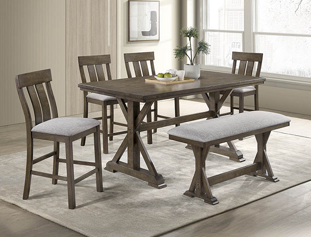2837T-6PC 6 pc Lloyd grey finish wood counter height dining table set trestle base with bench