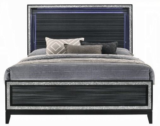 Acme 28430Q 4 pc Orren ellis Achyuth haiden weathered black finish wood LED lighting queen bedroom set