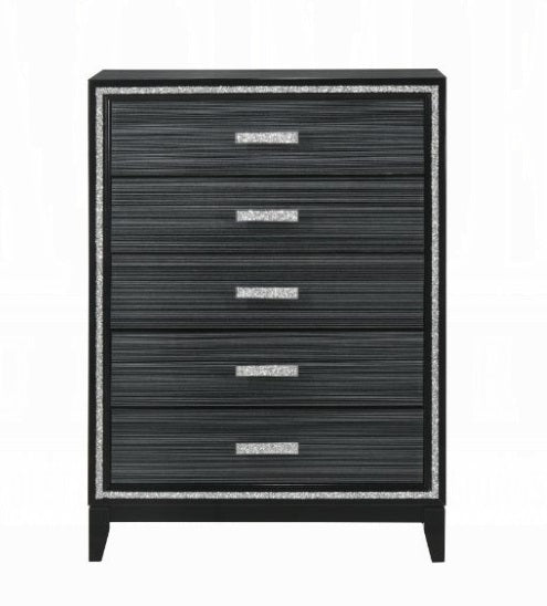 Acme 28436 Haiden weathered black finish wood shimmering silver accent trim 5 drawer tall chest