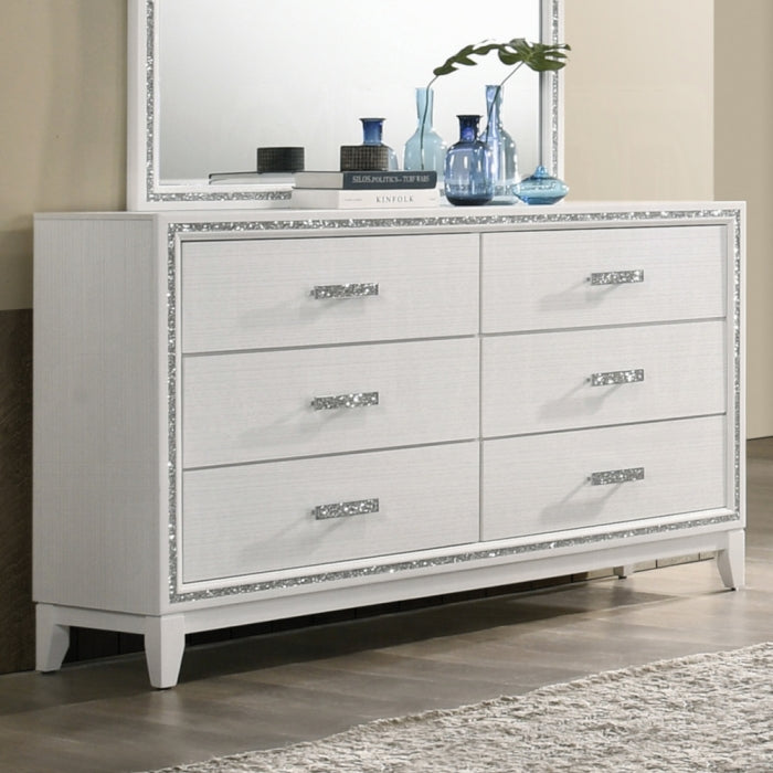 Acme 28455 Haiden white finish wood shimmering silver accent trim 6 drawer dresser
