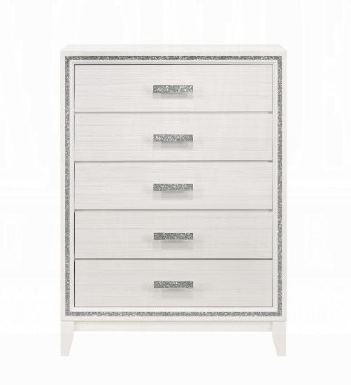Acme 28456 Haiden white finish wood shimmering silver accent trim 5 drawer tall chest