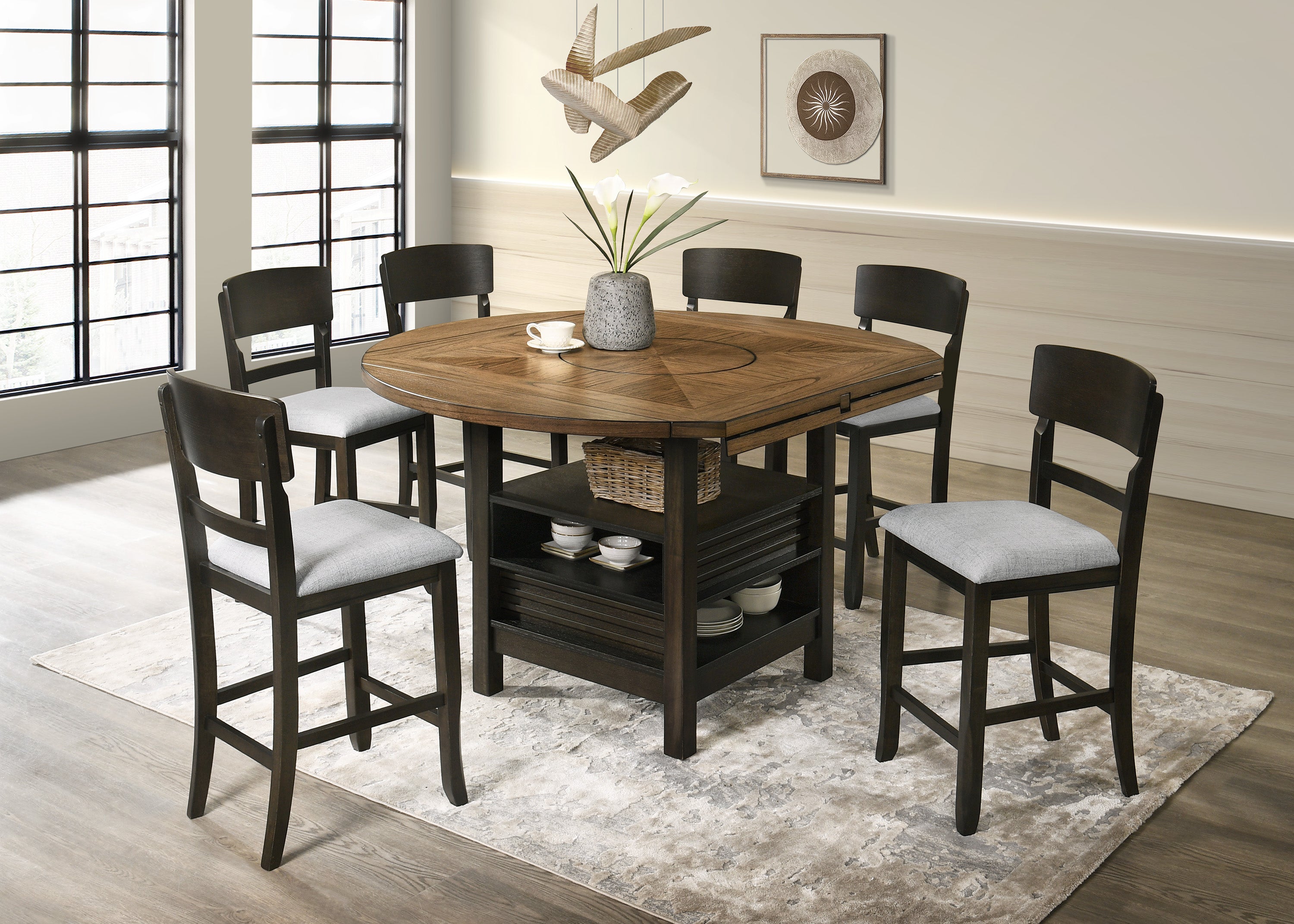 2848 7 pc Oakley two tone wood finish baked brown round counter height round drop leaf dining table set