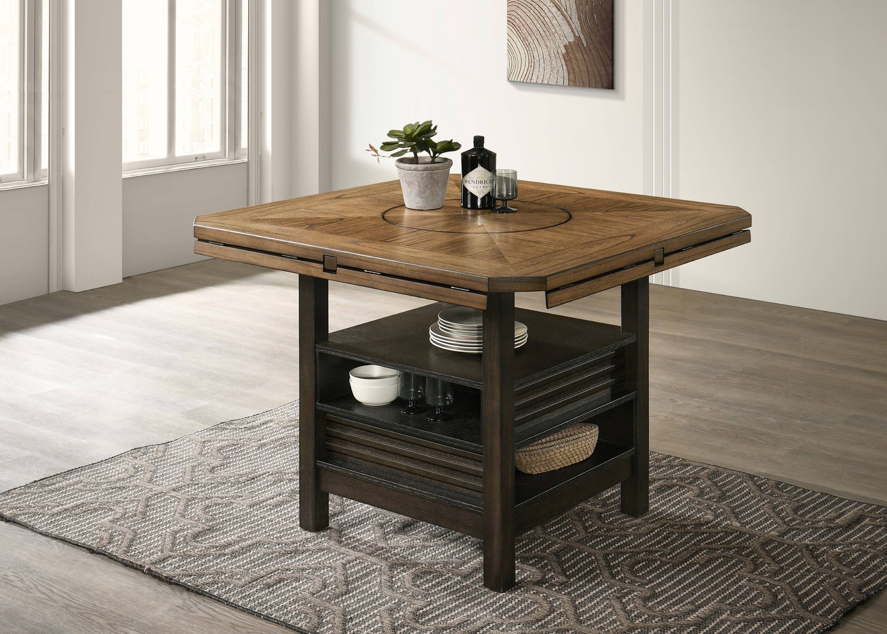 2848 7 pc Oakley two tone wood finish baked brown round counter height round drop leaf dining table set