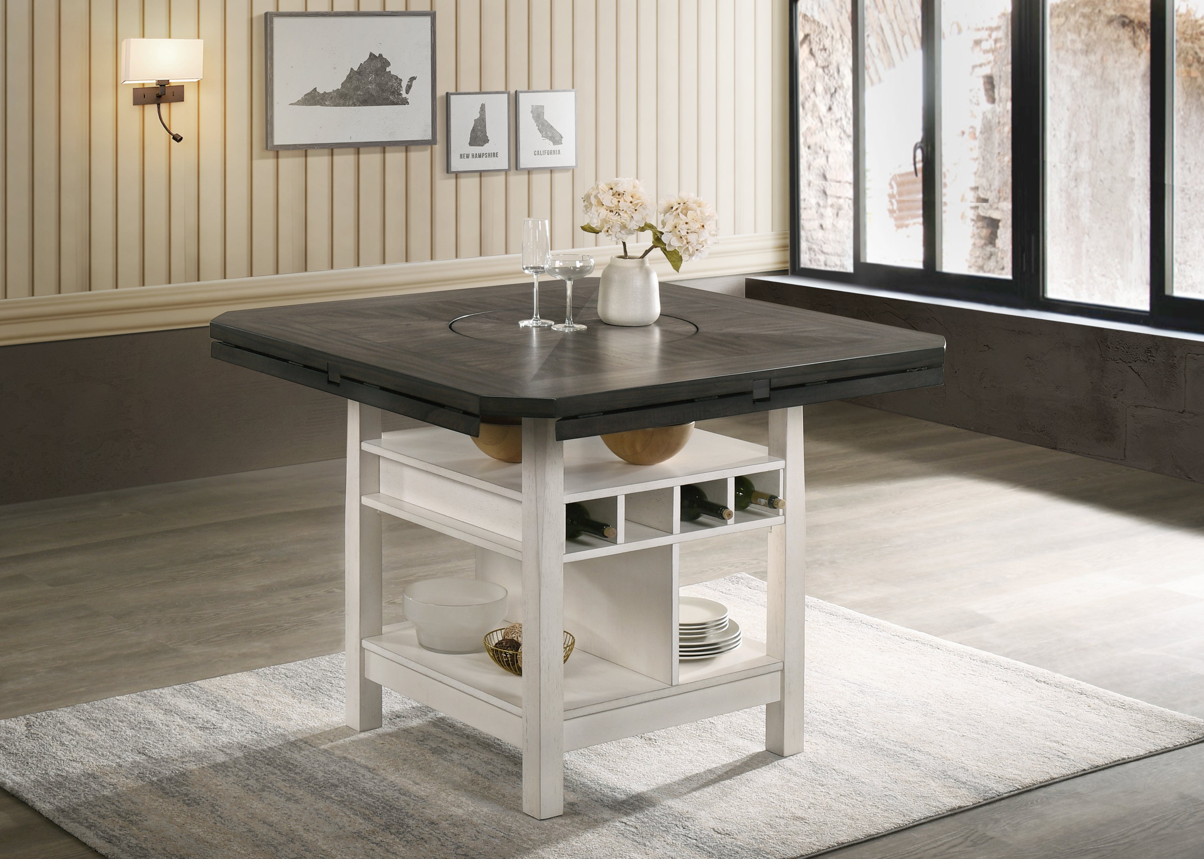 2849CG 7 pc Conner two tone chalk white and grey wood finish 60" round counter height drop leaf dining table set