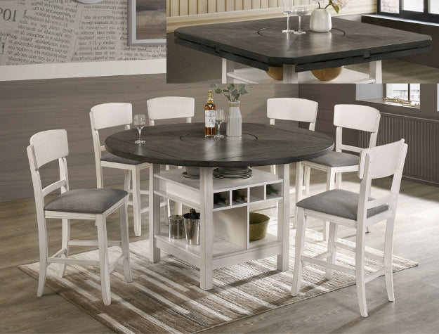 2849CG 7 pc Conner two tone chalk white and grey wood finish 60" round counter height drop leaf dining table set