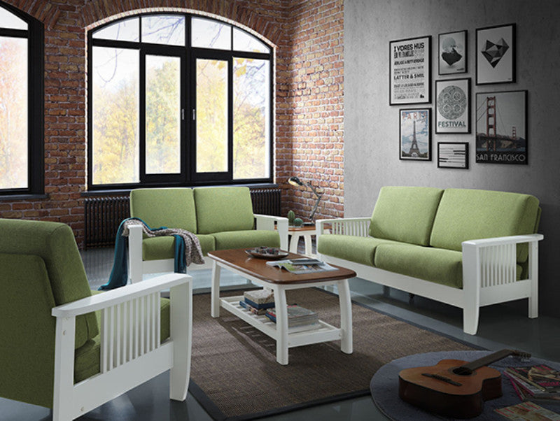 Asia Direct 2941-GN 2 pc white finish wood arm sofa and love seat set with green fabric upholstery