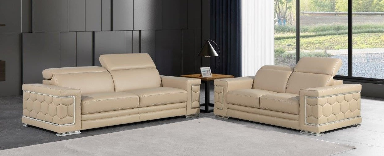 Global United Beige Genuine Leather 2-Piece Sofa and Love Seat Set with Adjustable Headrests – 296BEI-2PC