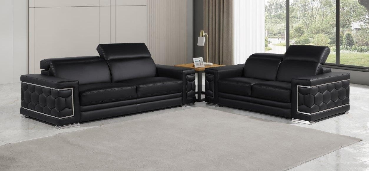 Global United 296BLK-2PC 2 pc Orren ellis black genuine leather sofa and love seat set adjustable headrests