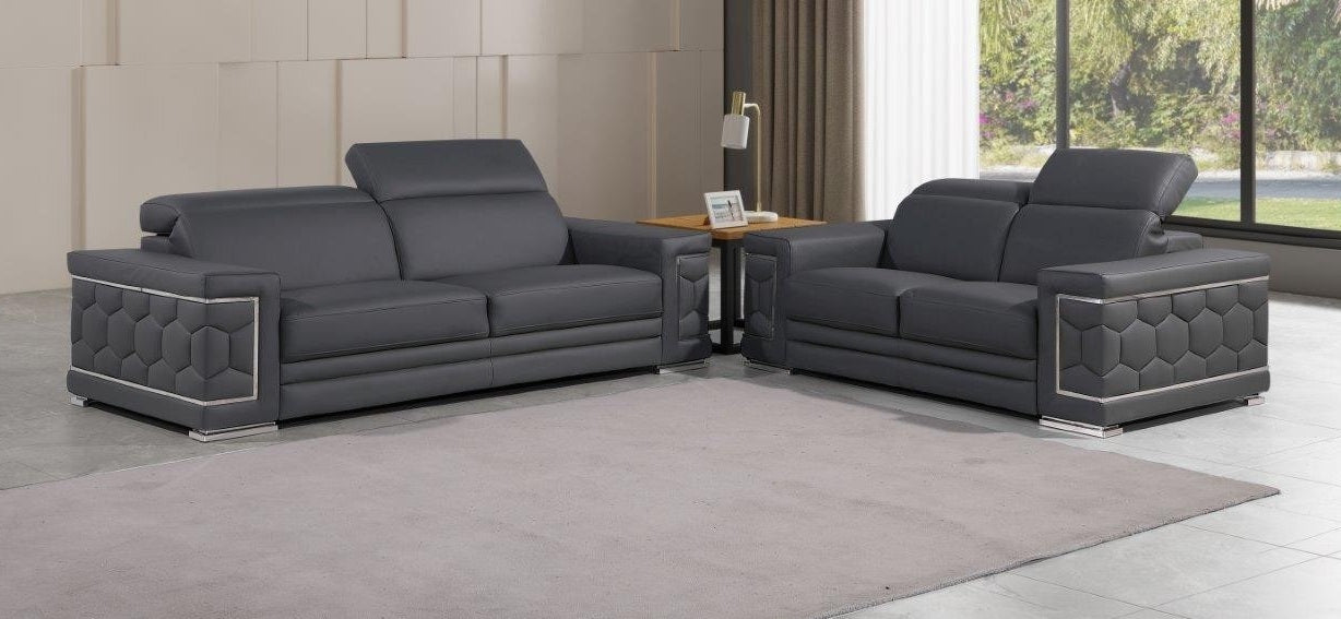 Global United 296GRY-2PC 2 pc Orren ellis grey genuine leather sofa and love seat set adjustable headrests