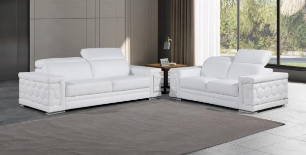 Global United 296WHT-2PC 2 pc Orren ellis white genuine leather sofa and love seat set adjustable headrests