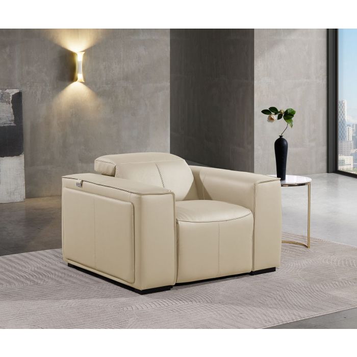 DivanItalia Power Reclining Chair – Beige Italian Leather with Adjustable Headrest & Storage Arms | Global United