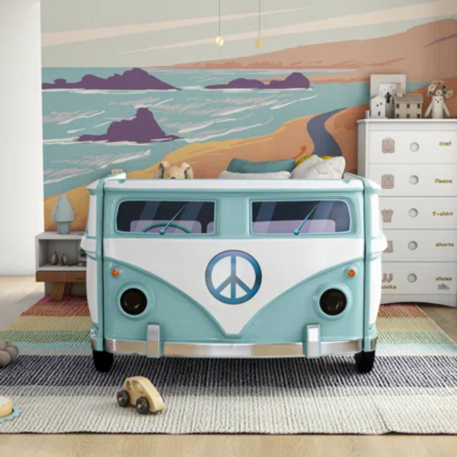 FOA7726TL Hokku designs axel teal peace bus VW style design twin size kids bed w/ LED lights and sounds