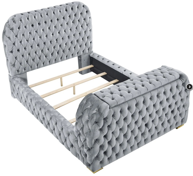 Crown Mark 5115GY Natalia grey velvet fabric tufted queen bed with TV lift and built in LED Fireplace