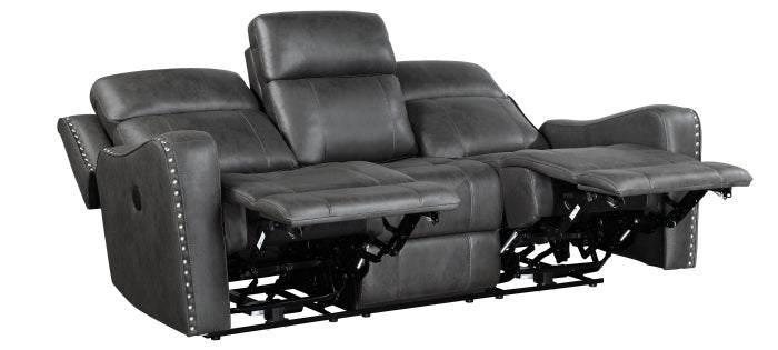 Homelegance 9515DGY-2PW  2 pc Hazen dark grey faux leather sofa and love seat set with power motion recliner ends cup console nail head trim