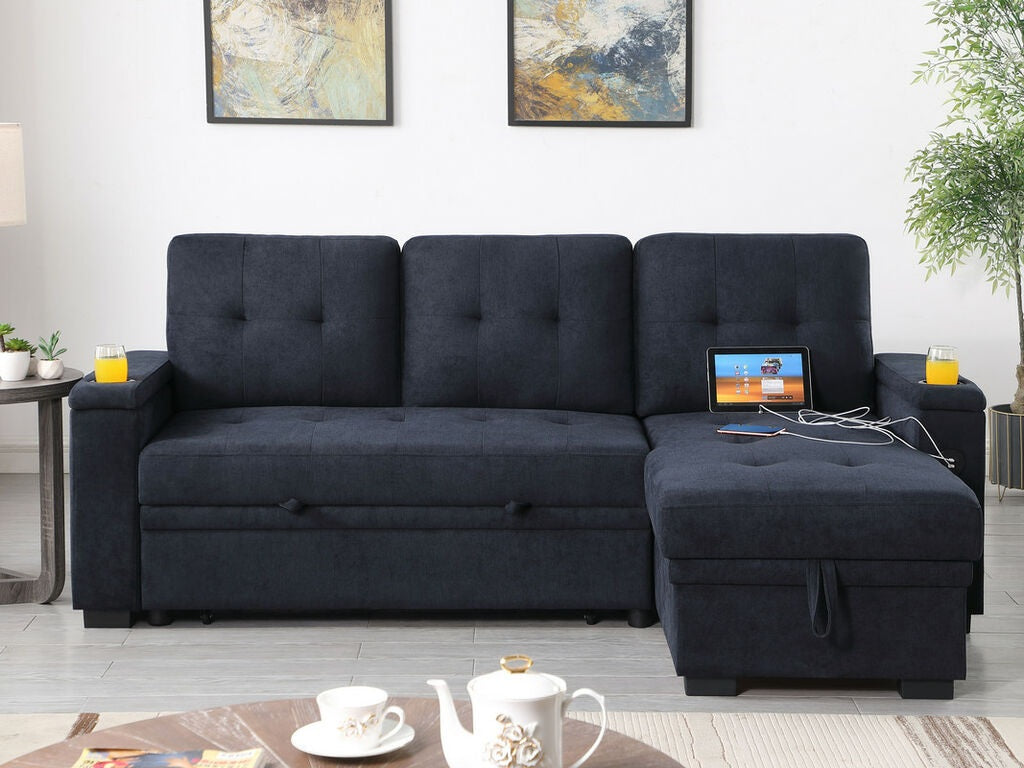 81445 Ashlyn dark grey chenille fabric convertible pop up sleep area reversible storage chaise USB sectional sofa