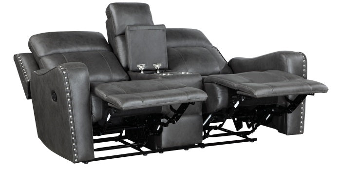 Homelegance 9515DGY-SL 2 pc Hazen dark grey faux leather sofa and love seat set with recliner ends cup console nail head trim
