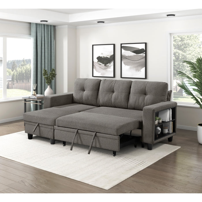 Homelegance 9705DB-32AVC 2 pc Morian dark brown boucle fabric sectional sofa reversible storage chaise storage arms and pop up sleep area