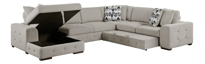 9624TP*42RLC 4 pc Waitsfield taupe chenille textured fabric sectional sofa with storage chaise and sleep area left chaise