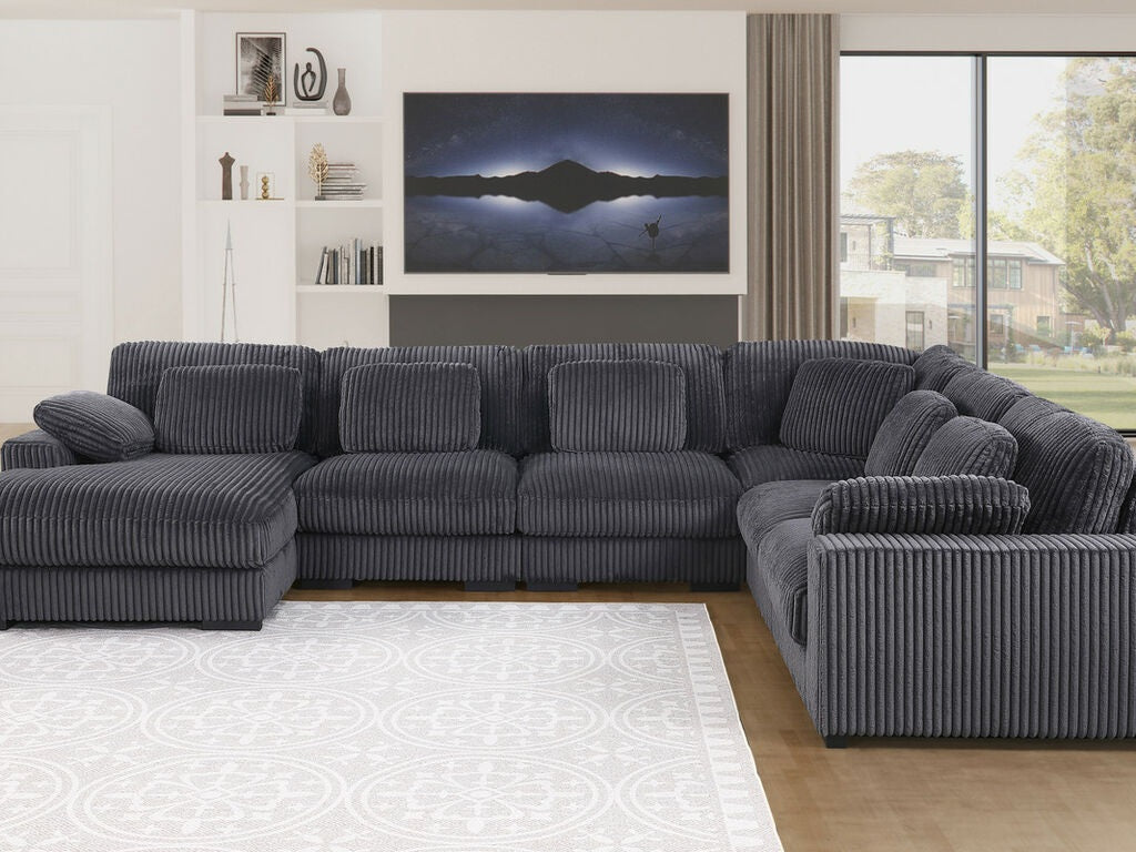 89161 6 pc Nadine dark grey wide corduroy fabric modular sectional sofa set with chaise