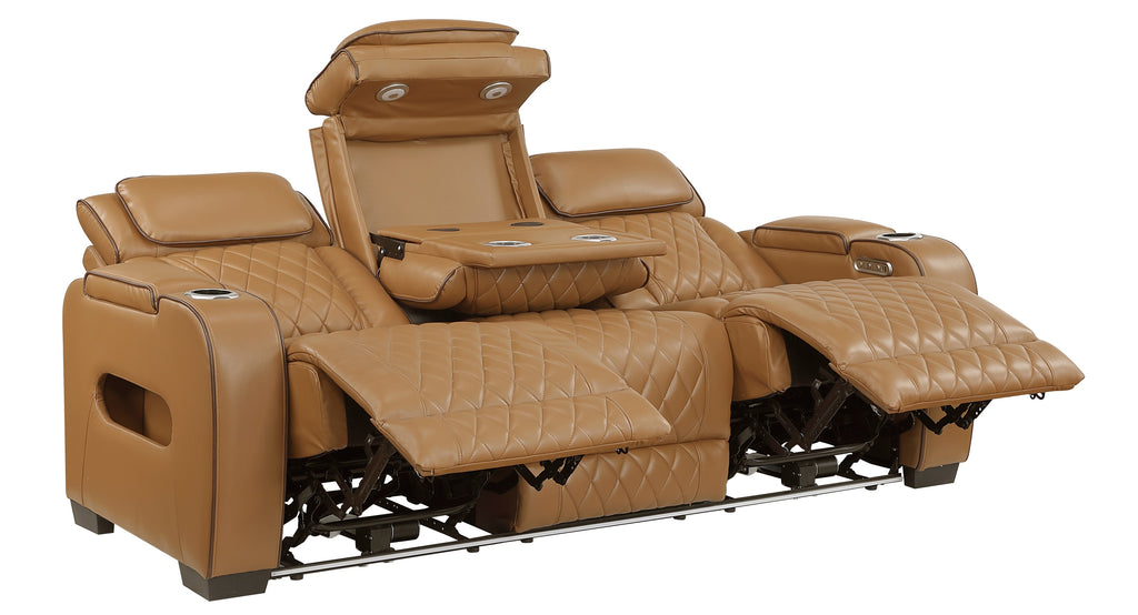 Homelegance 9516BRW-2PWH 2 pc Fairway tan breathable faux leather power motion sofa and love seat set USB LED