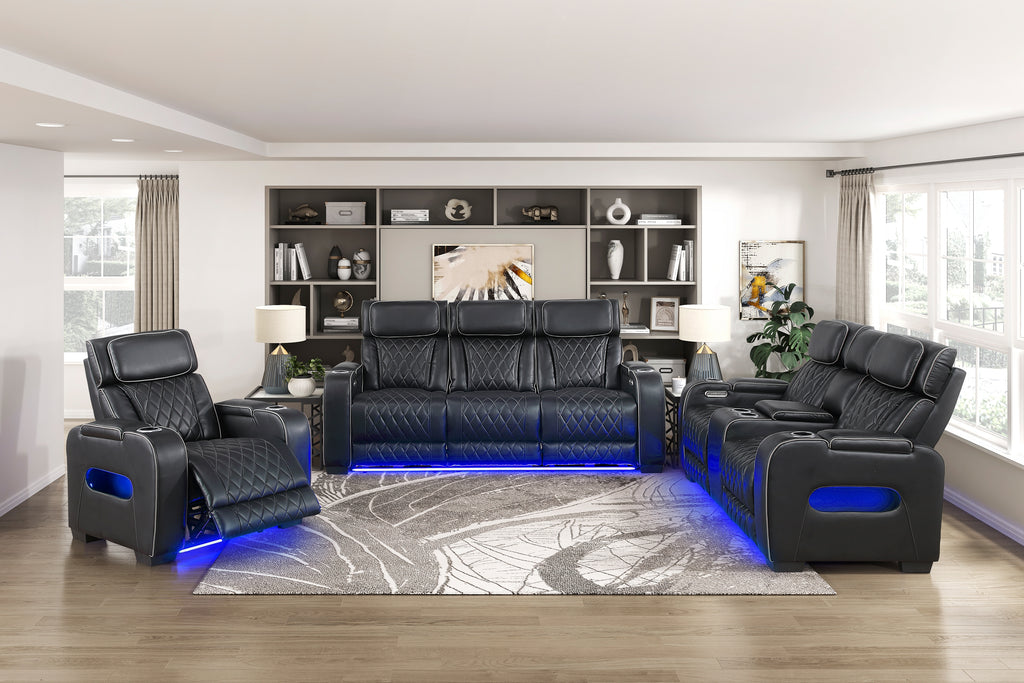 Homelegance 9516BLK-2PWH 2 pc Fairway black breathable faux leather power motion sofa and love seat set USB LED