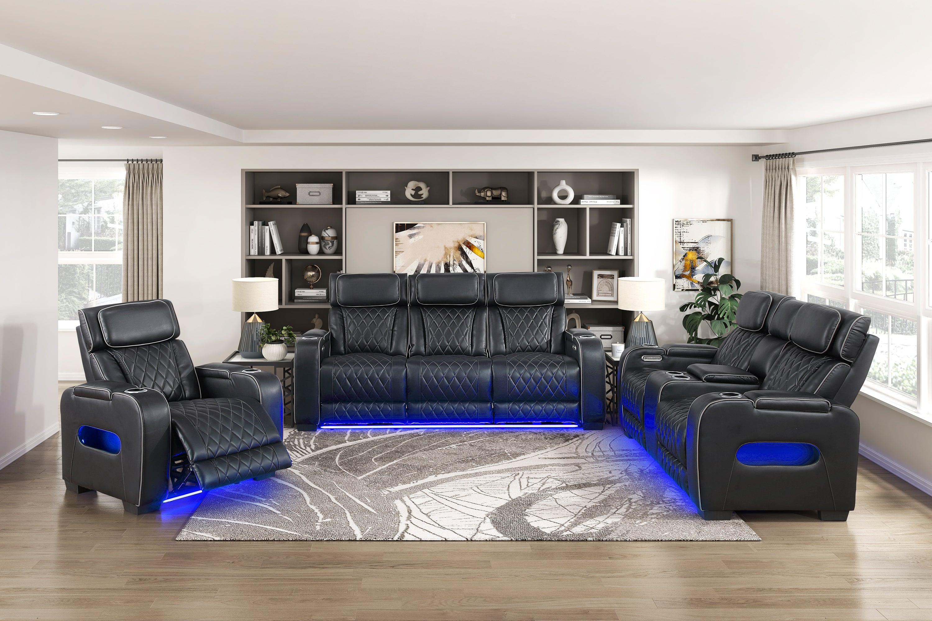 Homelegance 9516BLK-2PWH 2 pc Fairway black breathable faux leather power motion sofa and love seat set USB LED