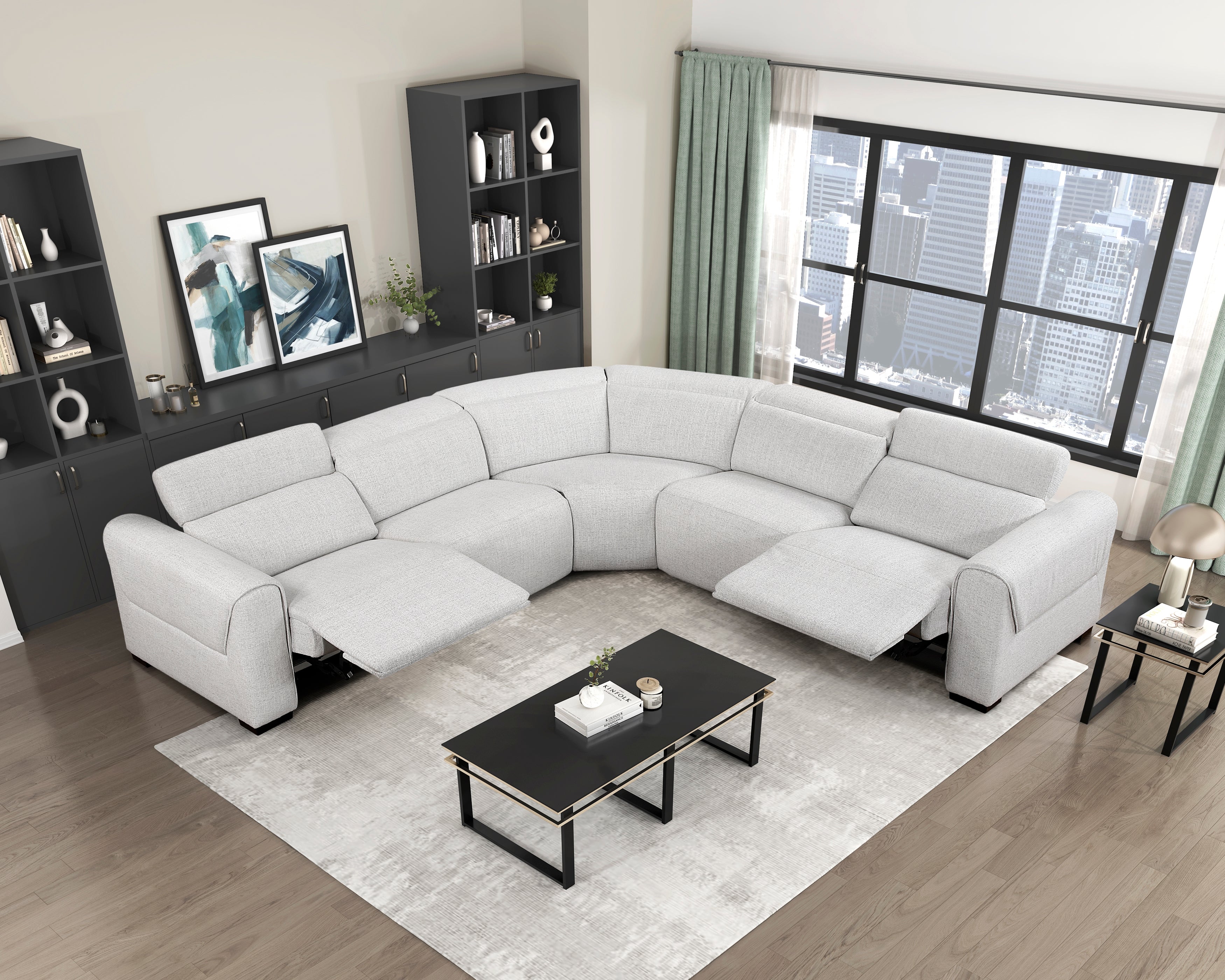 9455CLD-5LRRRPWH  5 pc McPherson cloud colored durable chenille fabric modular power reclining and power headrest sectional sofa