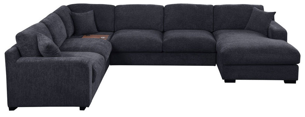 89295-1 4 pc Celine dark grey chenille fabric 128" modular sectional sofa set with chaise and cup holders wtih USB charging