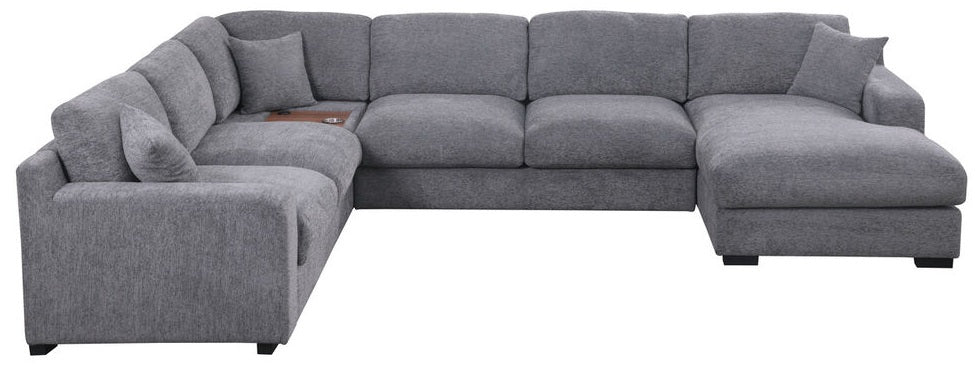 89297-1 4 pc Celine light grey chenille fabric 128" modular sectional sofa set with chaise and cup holders wtih USB charging